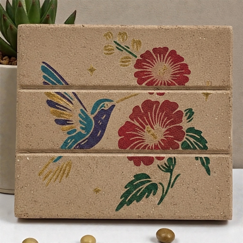 Decorative engraved brick wall with hummingbird design