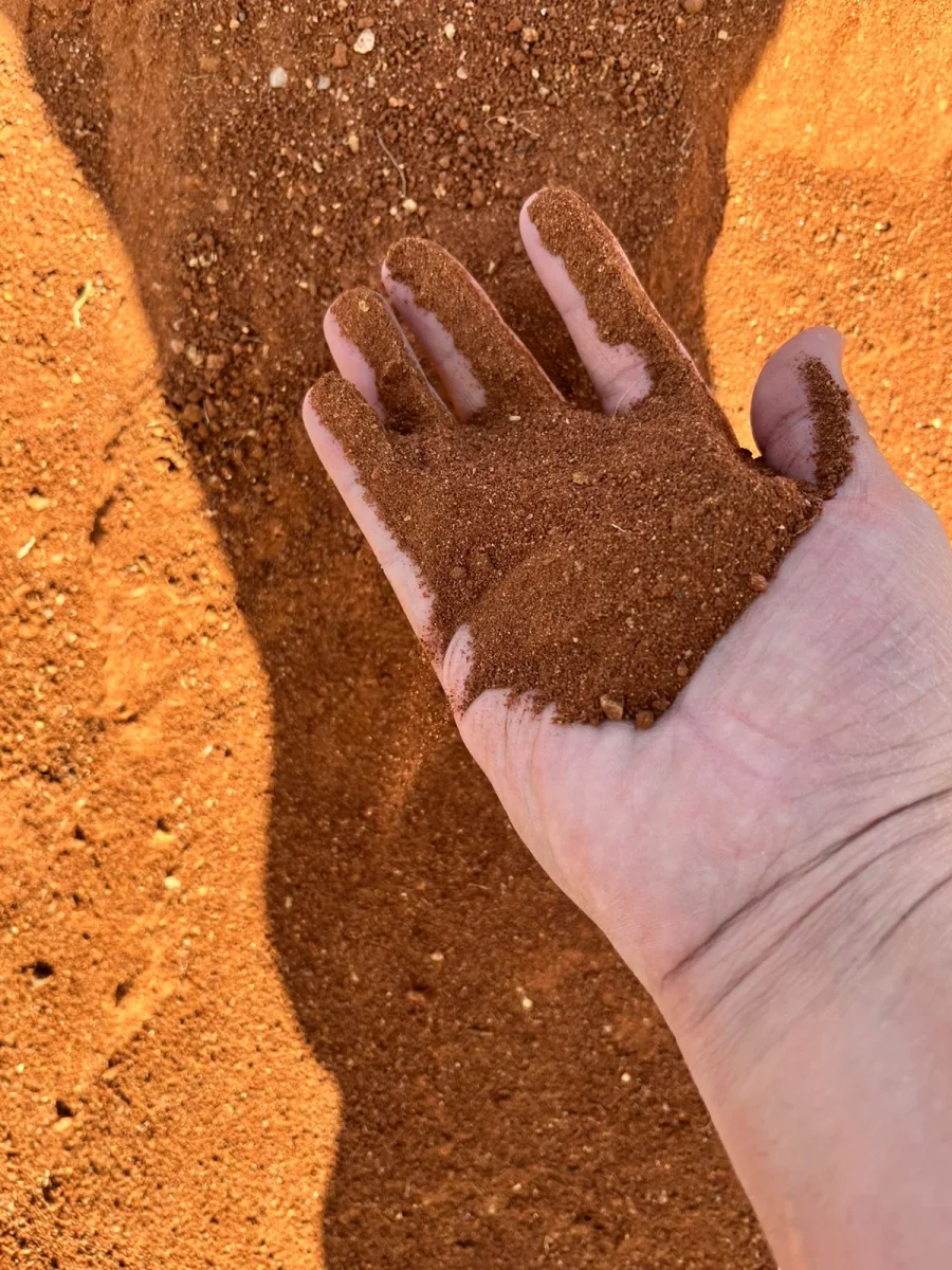 Natural red clay raw material held by hand before thin brick production